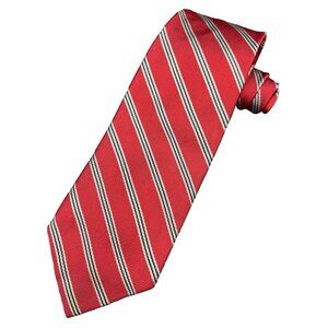 Land's End Mens Tie 100% Repp 100% Silk Regimental Stripe Red Silver 58" x 3.25"